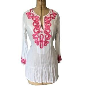 Barbara Gerwit Embroidered Tunic Coverup Women's Size Medium White Pink V Neck